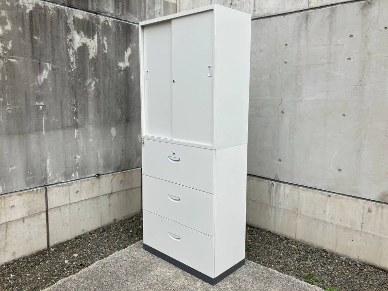 LEOオフィスユニット　引違書庫+3段ラテラル（A4 6段対応）　ホワイト　中古