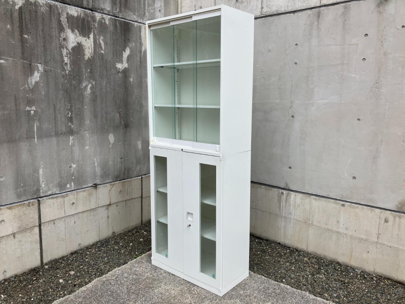 レクトライン　ガラス3枚戸+ガラス両開キャビネット　上下セット（A4 6段対応） 中古