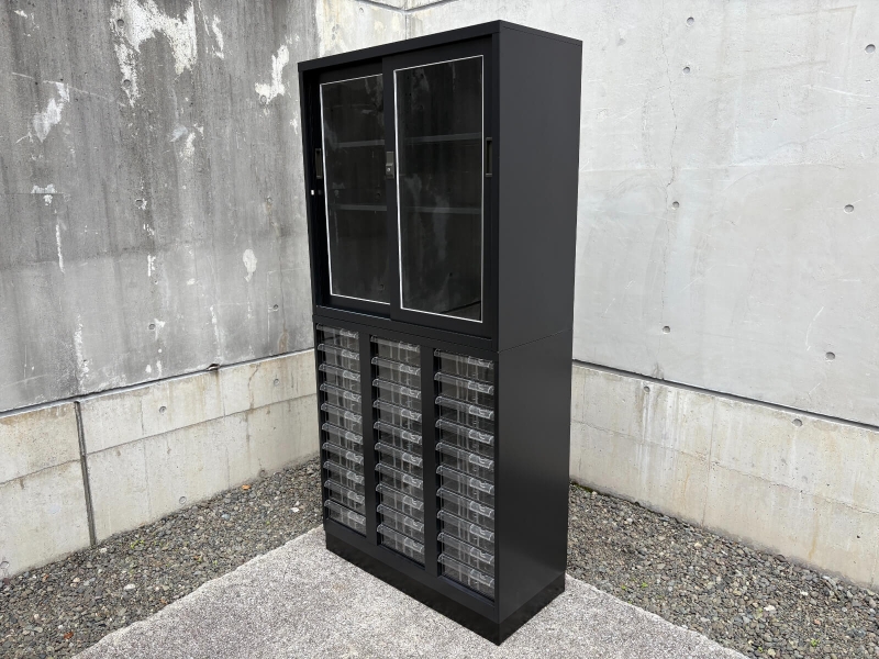 ガラス引違い戸+トレーキャビネット　上下セット　ブラック　中古_0