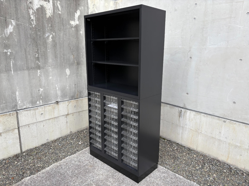 オープン書庫+トレーキャビネット　上下セット　ブラック　中古