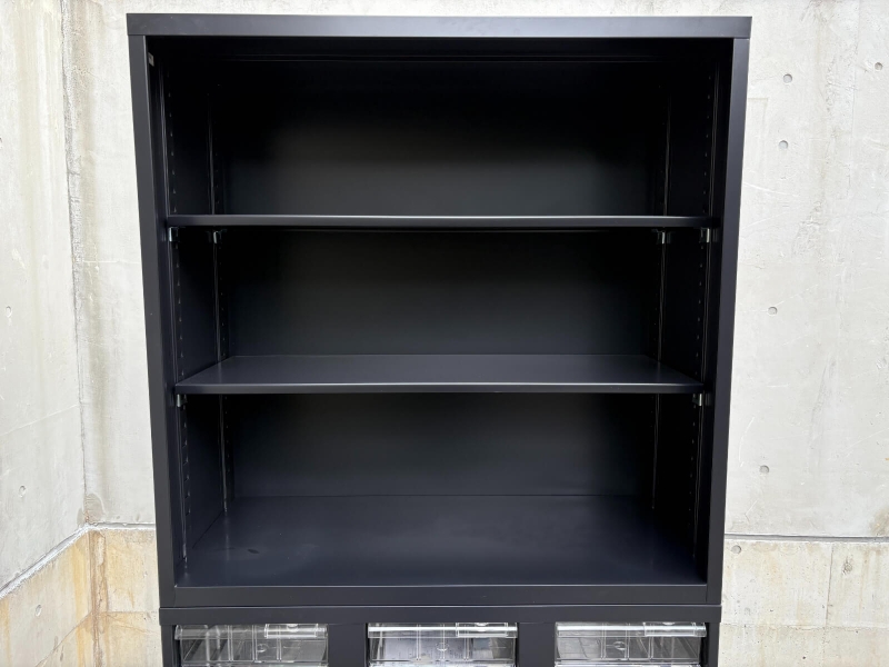 オープン書庫+トレーキャビネット　上下セット　ブラック　中古_1
