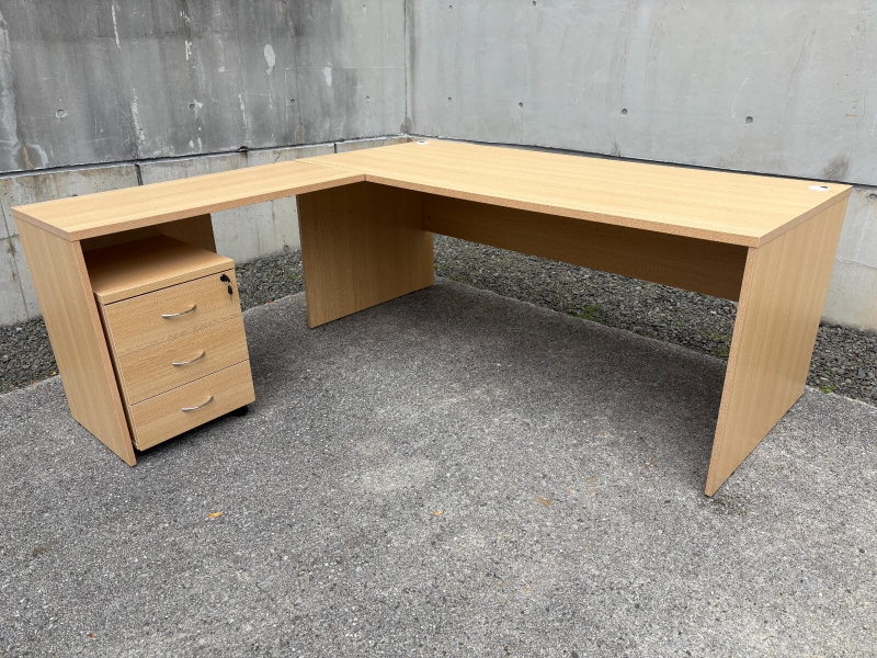 木製L型デスク　W1800/D800+700　ワゴン付き　ナチュラル　中古