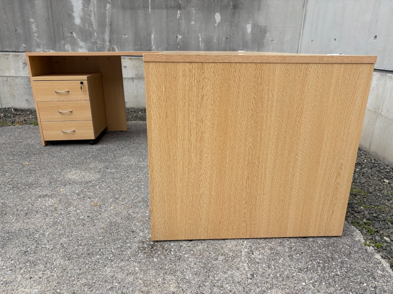 木製L型デスク　W1800/D800+700　ワゴン付き　ナチュラル　中古_1