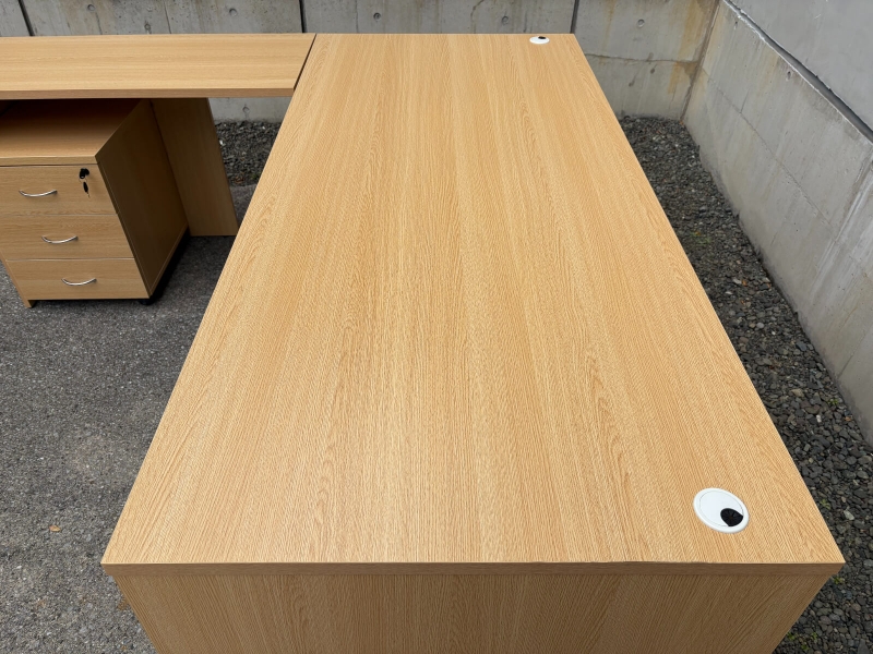 木製L型デスク　W1800/D800+700　ワゴン付き　ナチュラル　中古_3