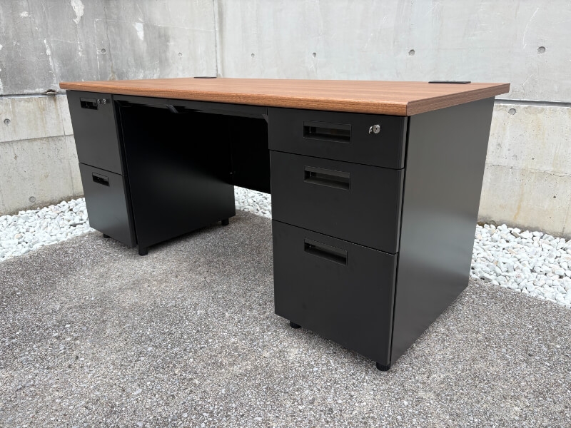 両袖机　W1600　ウォルナット×ブラック　中古