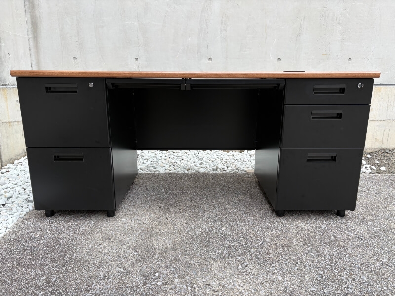 両袖机　W1600　ウォルナット×ブラック　中古_2