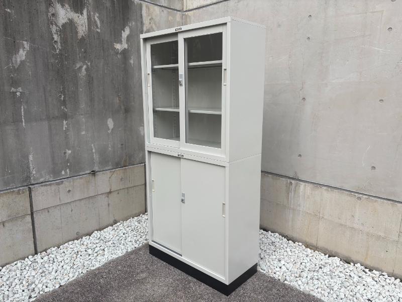 33タイプ　ガラス+スチール引違い書庫　上下セット　中古
